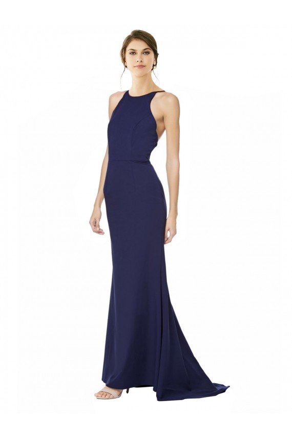 Stretch Crepe Criss Cross Open Back Long Halter Neck Mermaid Formal Dress