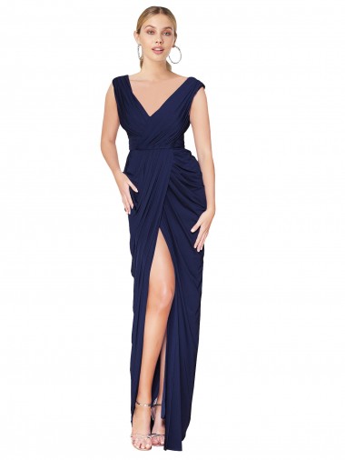 Online Chiffon V-Back Long V-Neck Dark Navy Mermaid Formal Dress Canada