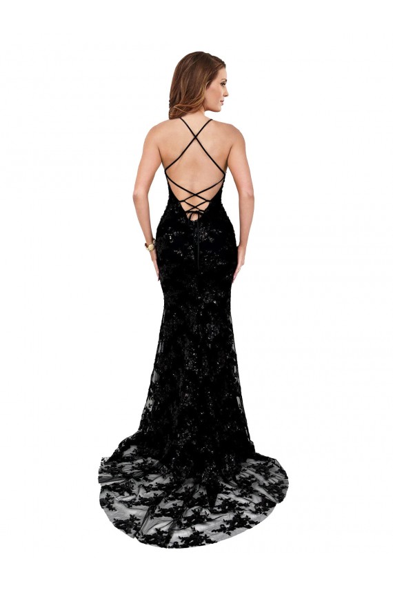 Lace Open Back Long High Neck Mermaid Black Tie Formal Dress