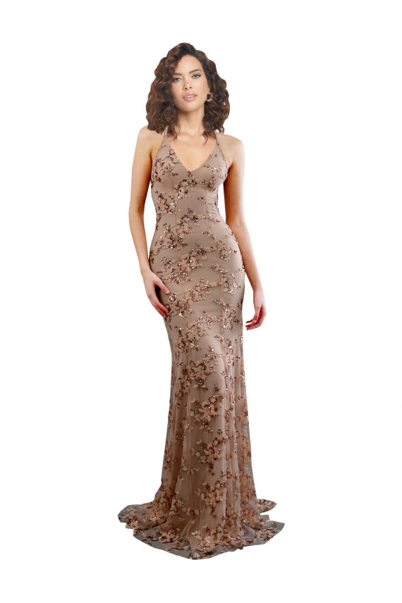 Stretch Crepe & Sequin Tulle Backless Long V-Neck Rose Gold Mermaid Formal Dress