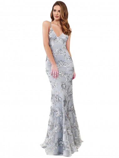Online Stretch Crepe & Sequin Tulle Backless Long V-Neck Silver Mermaid Formal Dress Canada