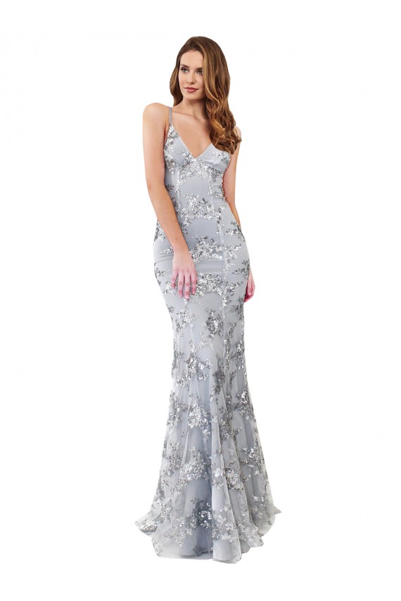 Stretch Crepe & Sequin Tulle Backless Long V-Neck Silver Mermaid Formal Dress