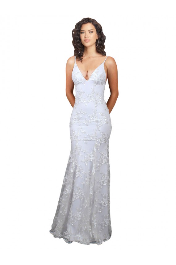Stretch Crepe & Sequin Tulle Backless Long V-Neck White Mermaid Formal Dress