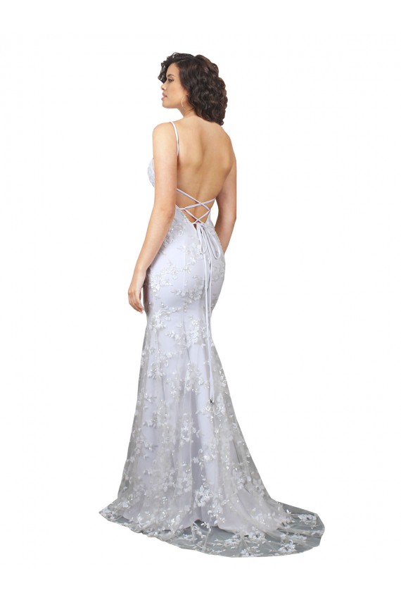 Stretch Crepe & Sequin Tulle Backless Long V-Neck White Mermaid Formal Dress
