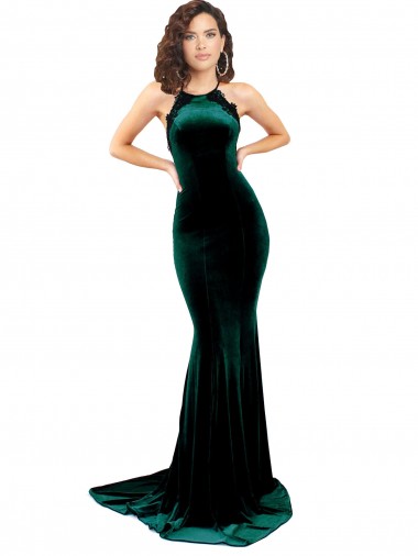 Online Stretch Velvet Low Back Sweep Train High Neck Mermaid Formal Dress Canada