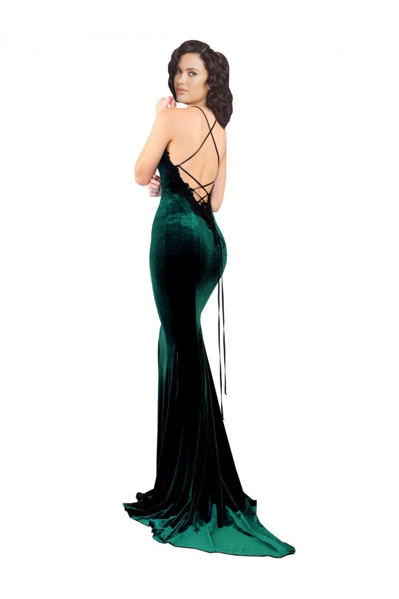 Stretch Velvet Low Back Sweep Train High Neck Mermaid Formal Dress