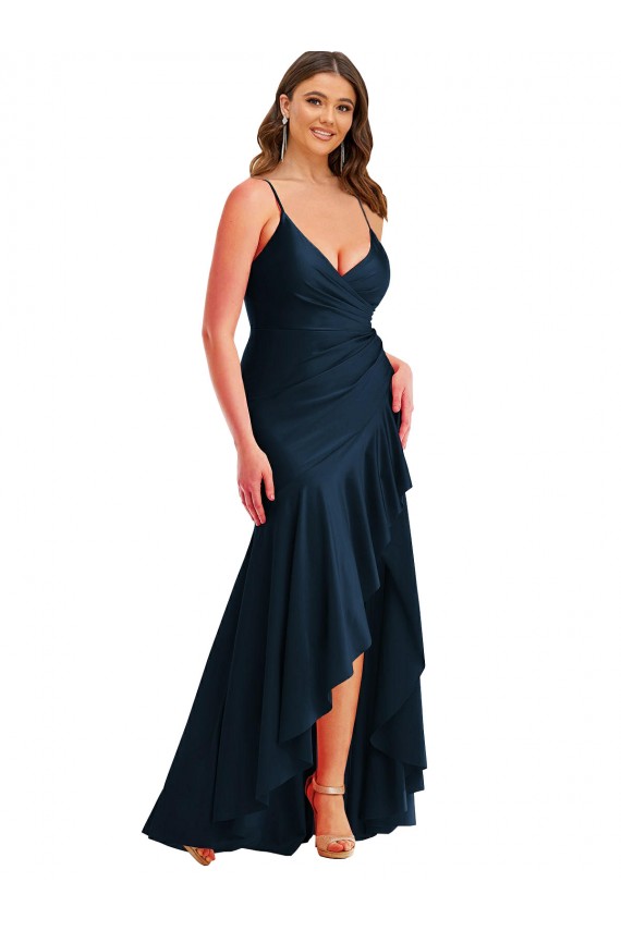 Silky Satin Long Spaghetti Straps Mermaid High Low Plus Size Formal Dress