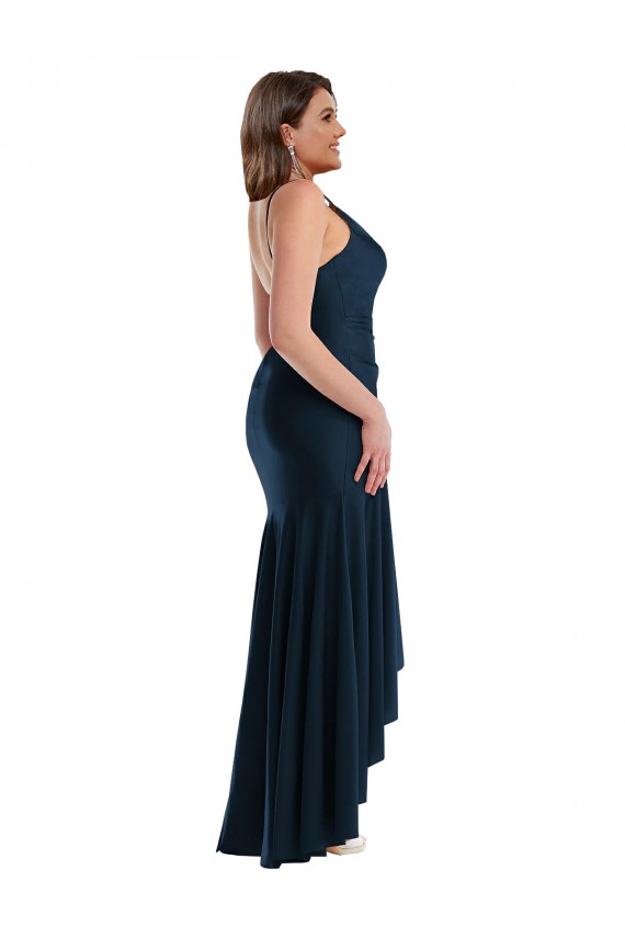 Silky Satin Long Spaghetti Straps Mermaid High Low Plus Size Formal Dress