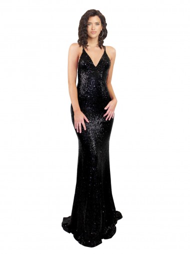 Online Sequin Criss Cross Open Back Long V-Neck Mermaid Black Tie Formal Dress Canada