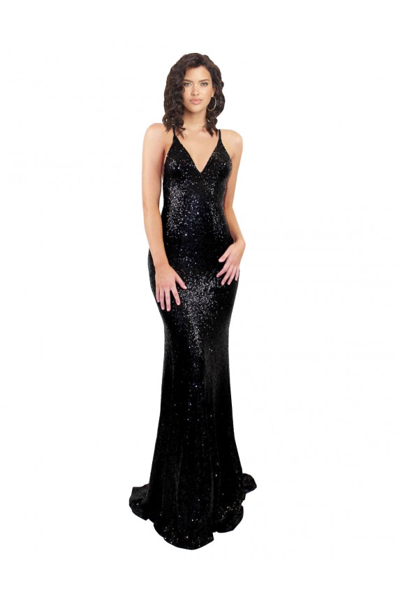 Sequin Criss Cross Open Back Long V-Neck Mermaid Black Tie Formal Dress