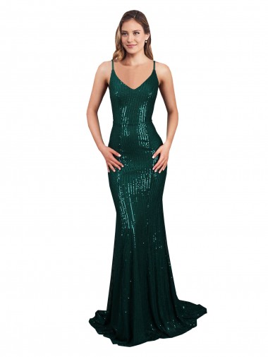 Online Sequin Low Back Long V-Neck Dark Green Mermaid Formal Dress Canada