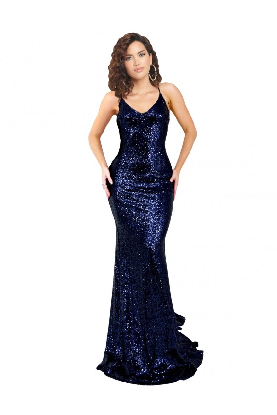 Sequin Low Back Long V-Neck Mermaid Formal Gowns