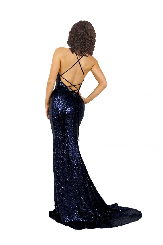 Sequin Low Back Long V-Neck Mermaid Formal Gowns