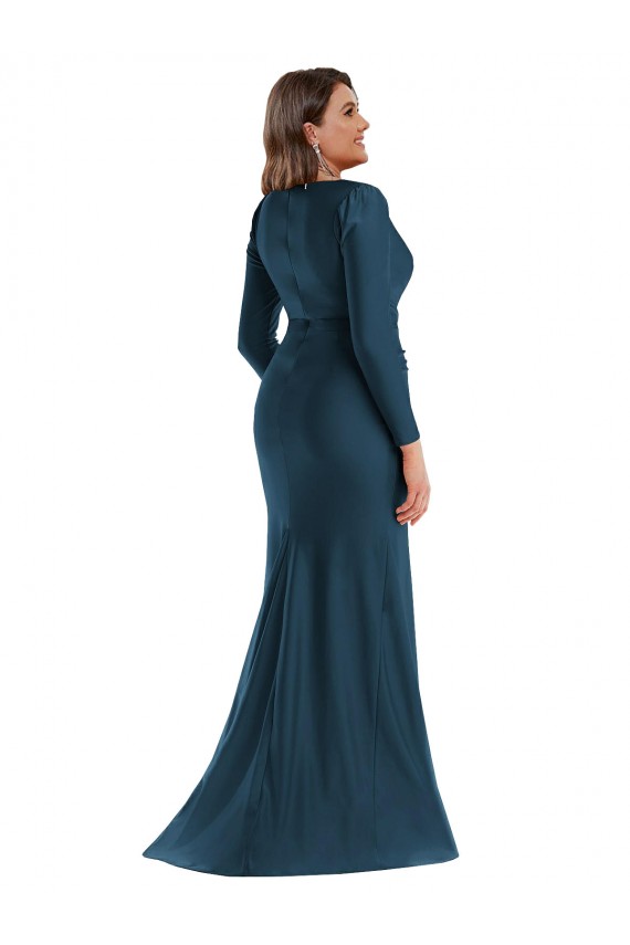 Silky Satin Long V-Neck Atlantic Blue Mermaid Formal Plus Size Formal Dress