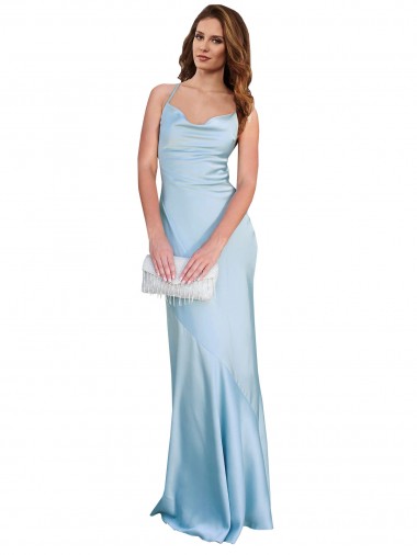 Online Silky Satin Criss Cross Open Back Long Cowl Neck Light Sky Blue Sheath Formal Dress Canada