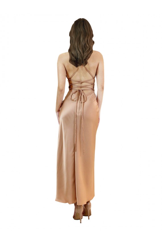 Silky Satin Low Back Midi Length Cowl Neck Sheath Formal Dress