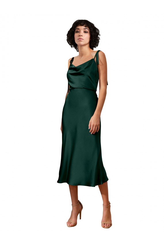 Stretch Satin Midi Length Cowl Neck Sheath Black Tie Formal Dress