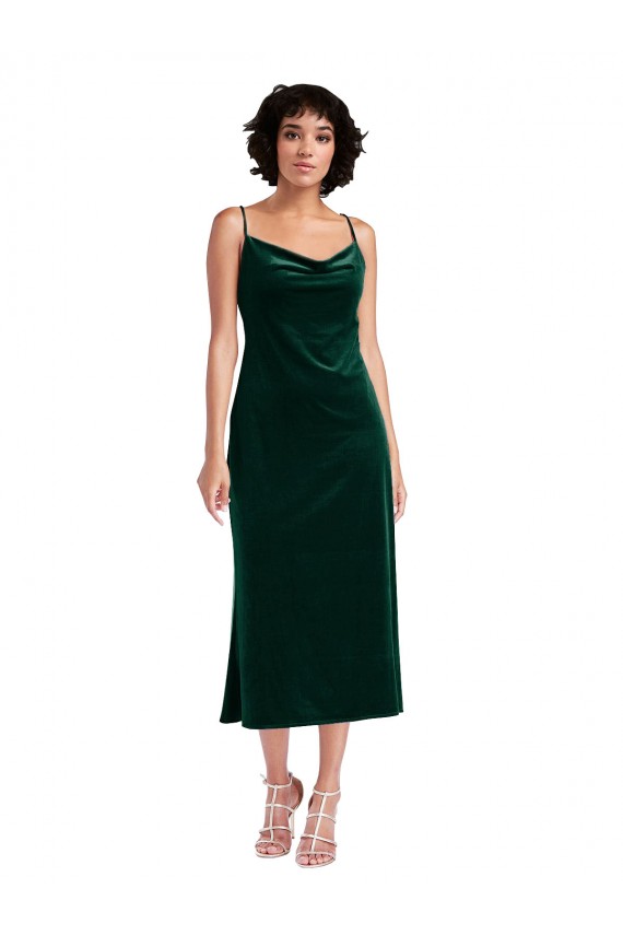 Stretch Velvet Criss Cross Open Back Midi Length Cowl Neck Sheath Black Tie Formal Dress