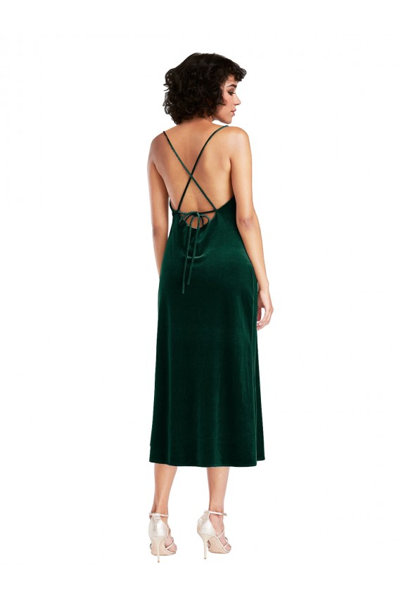 Stretch Velvet Criss Cross Open Back Midi Length Cowl Neck Sheath Black Tie Formal Dress