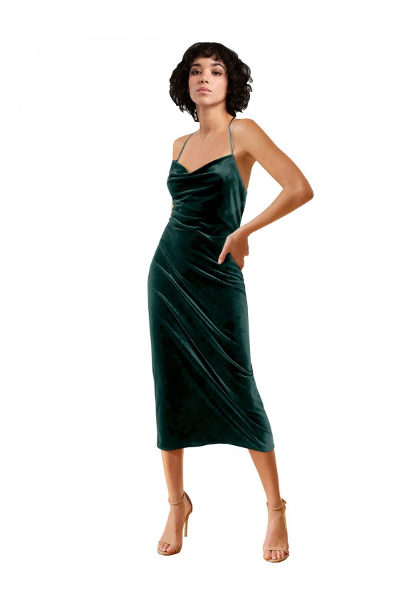 Stretch Velvet Criss Cross Open Back Midi Length Spaghetti Straps Sheath Formal Dress