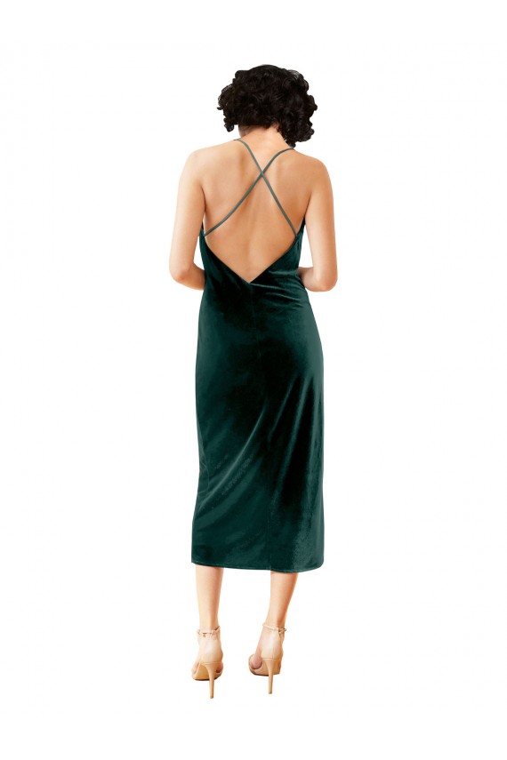 Stretch Velvet Criss Cross Open Back Midi Length Spaghetti Straps Sheath Formal Dress
