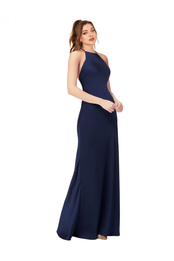 Silky Satin Criss Cross Back Long High Neck Sheath Formal Dress