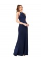 Silky Satin Criss Cross Back Long High Neck Sheath Formal Dress