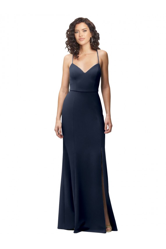 Stretch Crepe Criss Cross Back Long Spaghetti Straps Sheath Formal Dress