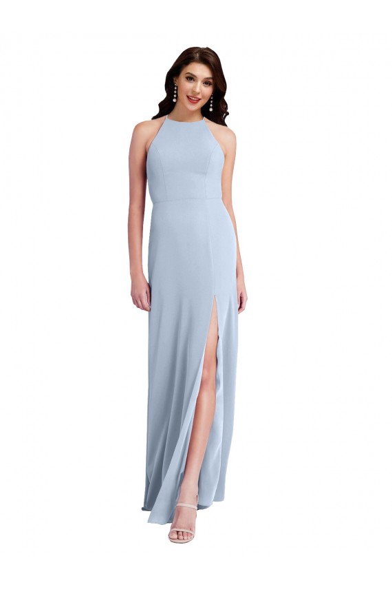 Stretch Crepe Criss Cross Open Back Long Halter Neck Sheath Formal Dress