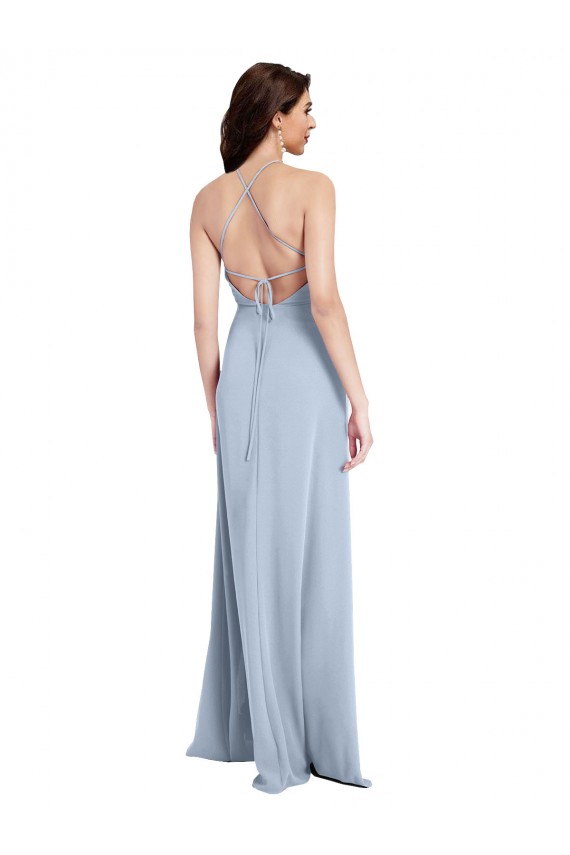 Stretch Crepe Criss Cross Open Back Long Halter Neck Sheath Formal Dress