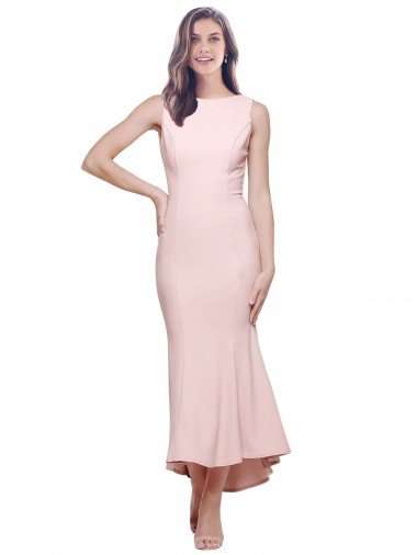 Online Stretch Crepe Low Back Midi Length High Neck Sheath High Low Formal Dress Canada