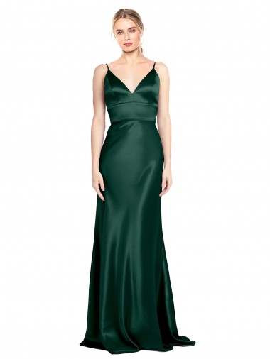 Online Stretch Satin V-Back Long Spaghetti Straps Sheath Formal Dress Canada