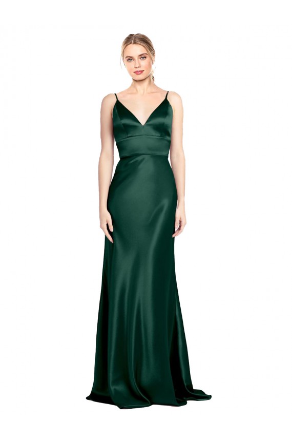 Stretch Satin V-Back Long Spaghetti Straps Sheath Formal Dress