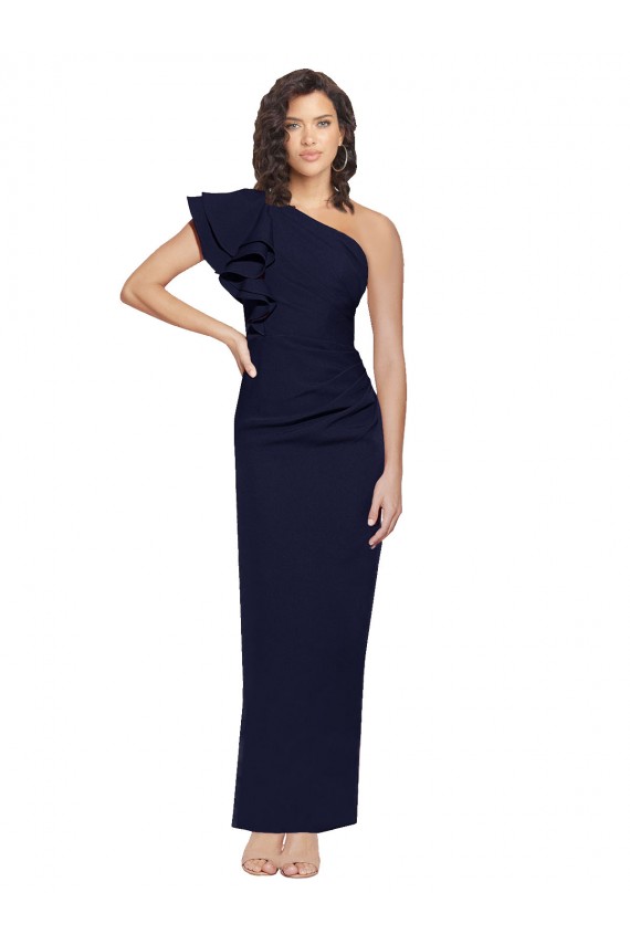Stretch Crepe Long One Shoulder Dark Navy Sheath Formal Dress