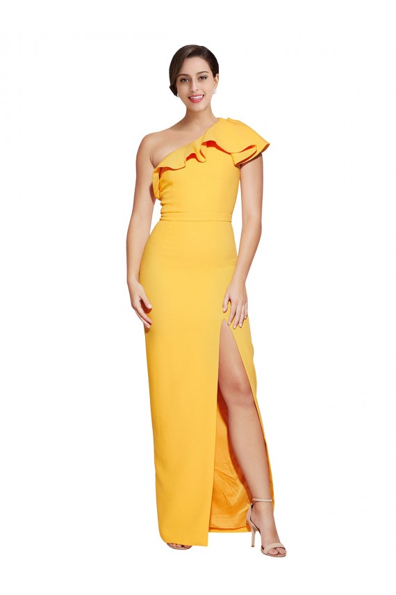 Stretch Crepe Long One Shoulder Saffron Sheath Formal Dress