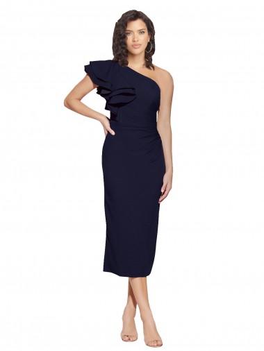 Online Stretch Crepe Midi Length One Shoulder Dark Navy Sheath Formal Dress Canada