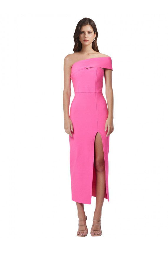 Stretch Crepe Midi Length One Shoulder Sheath Formal Dress