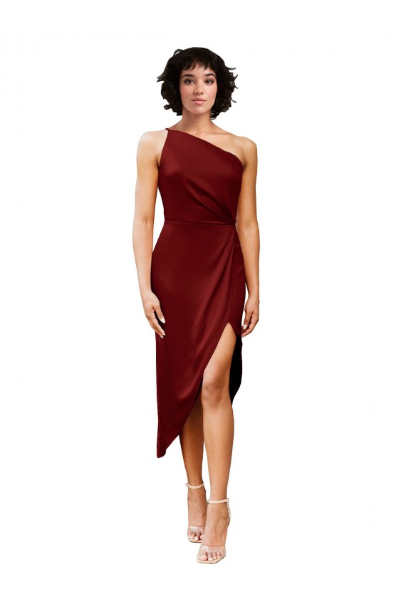 Stretch Satin Midi Length One Shoulder Sheath Black Tie Formal Dress