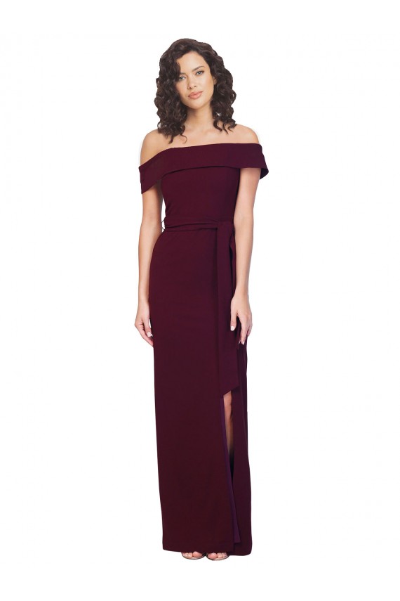 Stretch Crepe Low Back Long Off the Shoulder Sheath Formal Dress