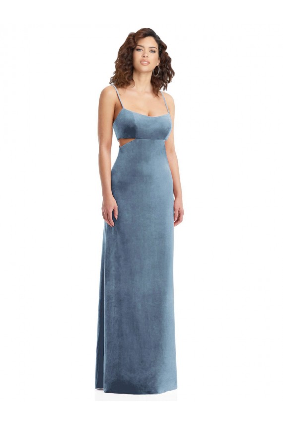 Stretch Velvet Low Back Long Square Neck Sheath Formal Dress