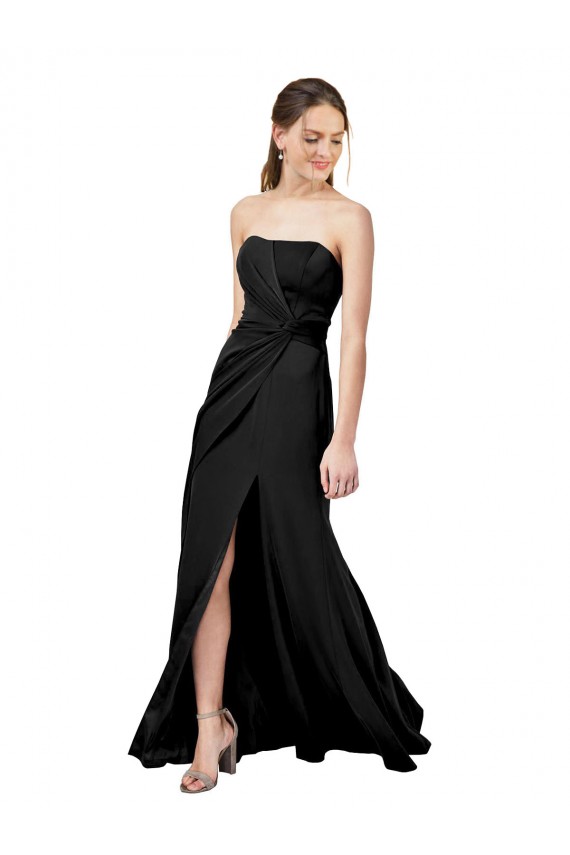Stretch Crepe Low Back Long Strapless Black Sheath Formal Dress