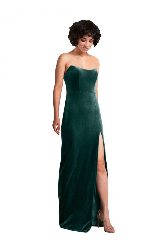 Stretch Velvet Low Back Long Strapless Sheath Black Tie Formal Dress