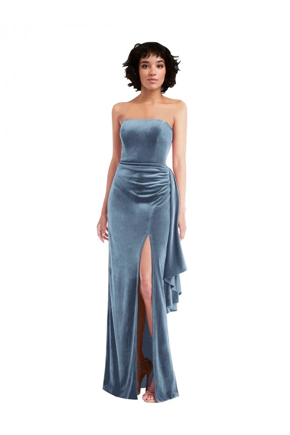 Stretch Velvet Low Back Long Strapless Sheath Formal Dress