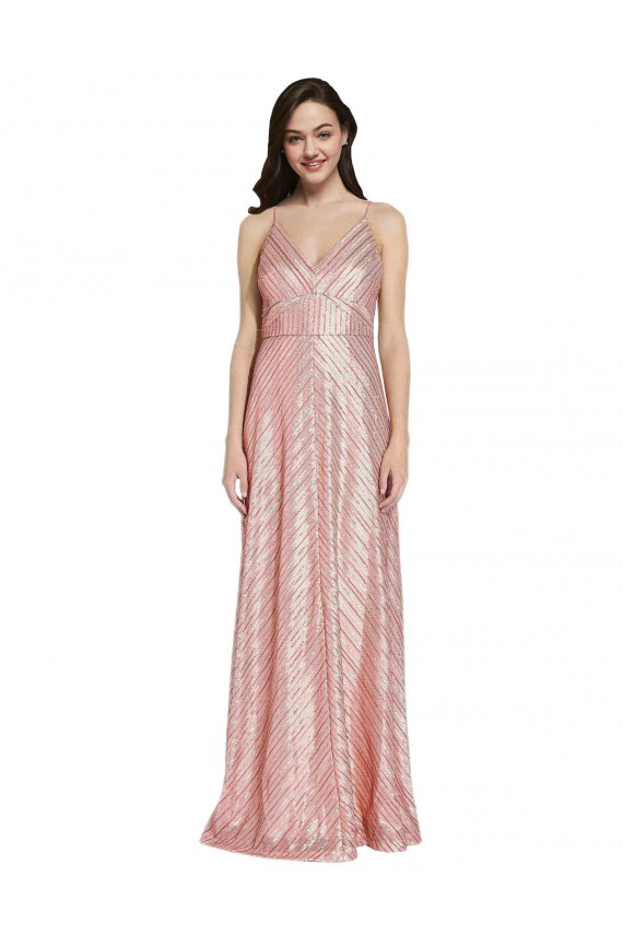 Sequin Low Back Long V-Neck Sheath Formal Dress