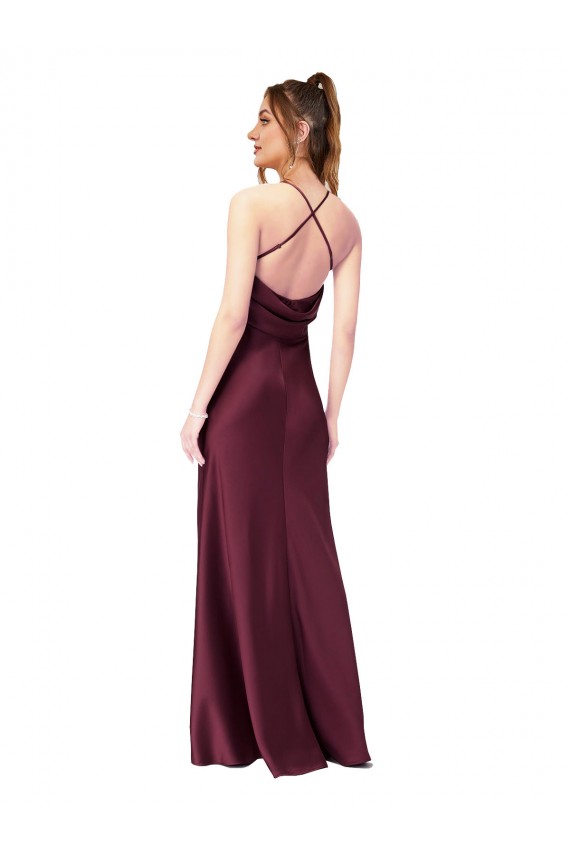 Silky Satin Criss Cross Back Long V-Neck Sheath Black Tie Formal Dress