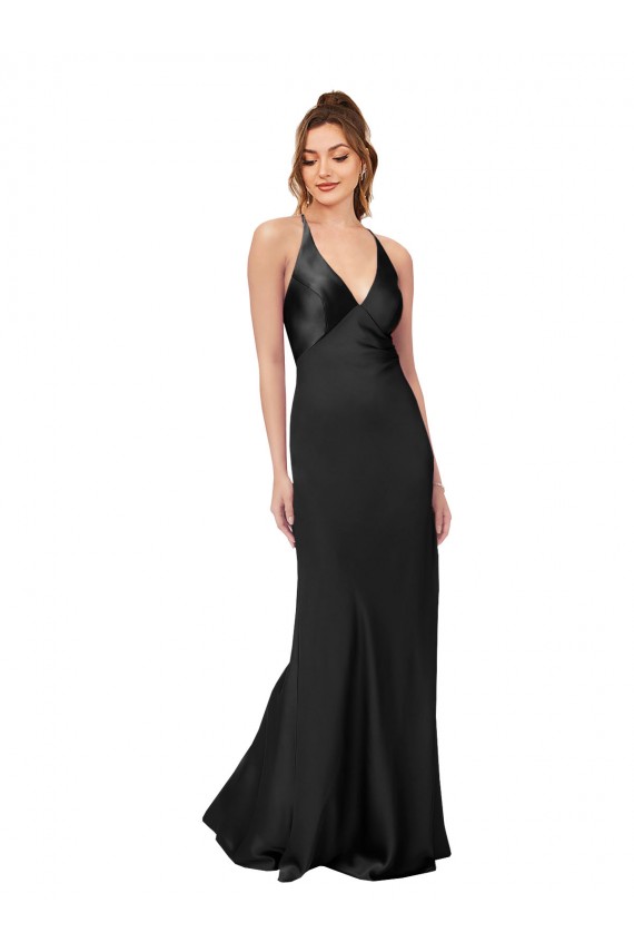 Silky Satin Criss Cross Back Long V-Neck Sheath Black Tie Formal Dress