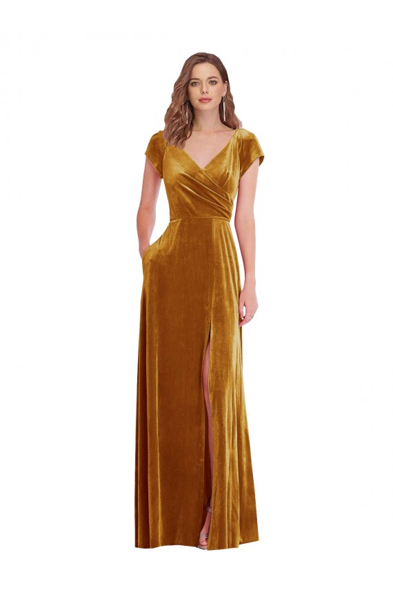 Stretch Velvet Long V-Neck Sheath Formal Dress