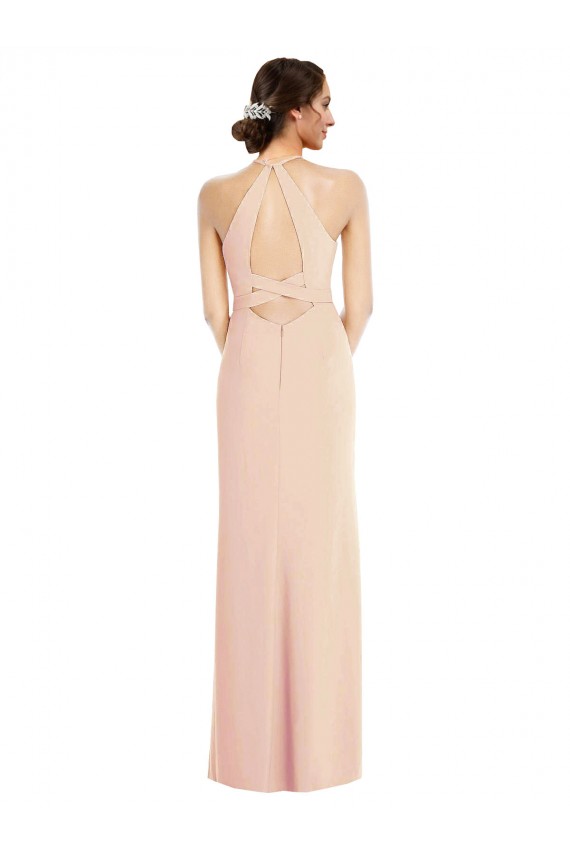 Stretch Crepe Criss Cross Back Long Halter Neck Nude Trumpet Formal Dress