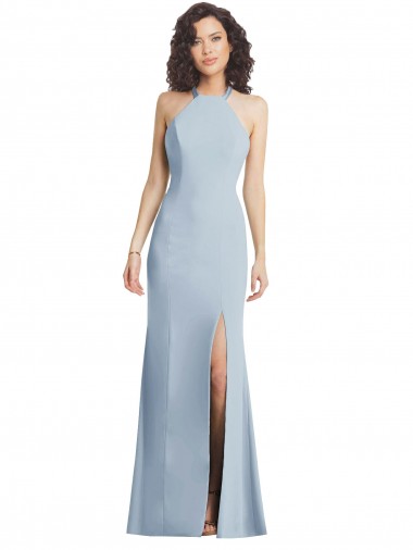 Online Stretch Crepe Criss Cross Back Long Halter Neck Light Sky Blue Trumpet Formal Dress Canada