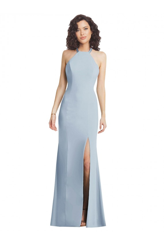 Stretch Crepe Criss Cross Back Long Halter Neck Light Sky Blue Trumpet Formal Dress